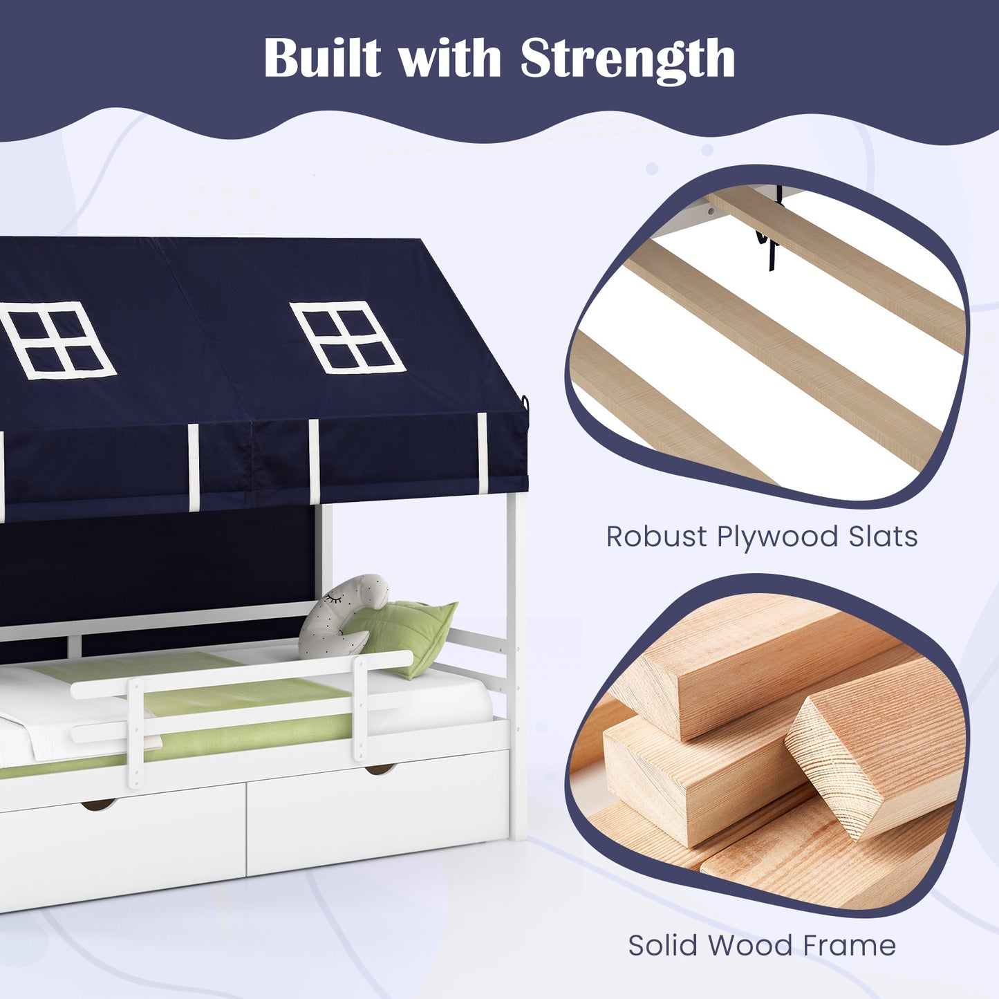 Twin House Bed with Tent and 2 Storage Drawers for Kids-White Kids Crystal