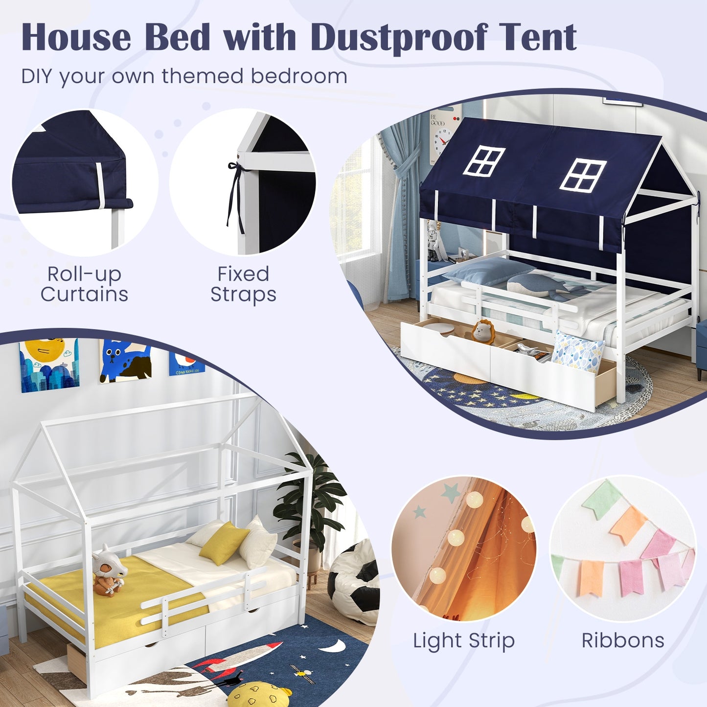 Twin House Bed with Tent and 2 Storage Drawers for Kids-White Kids Crystal