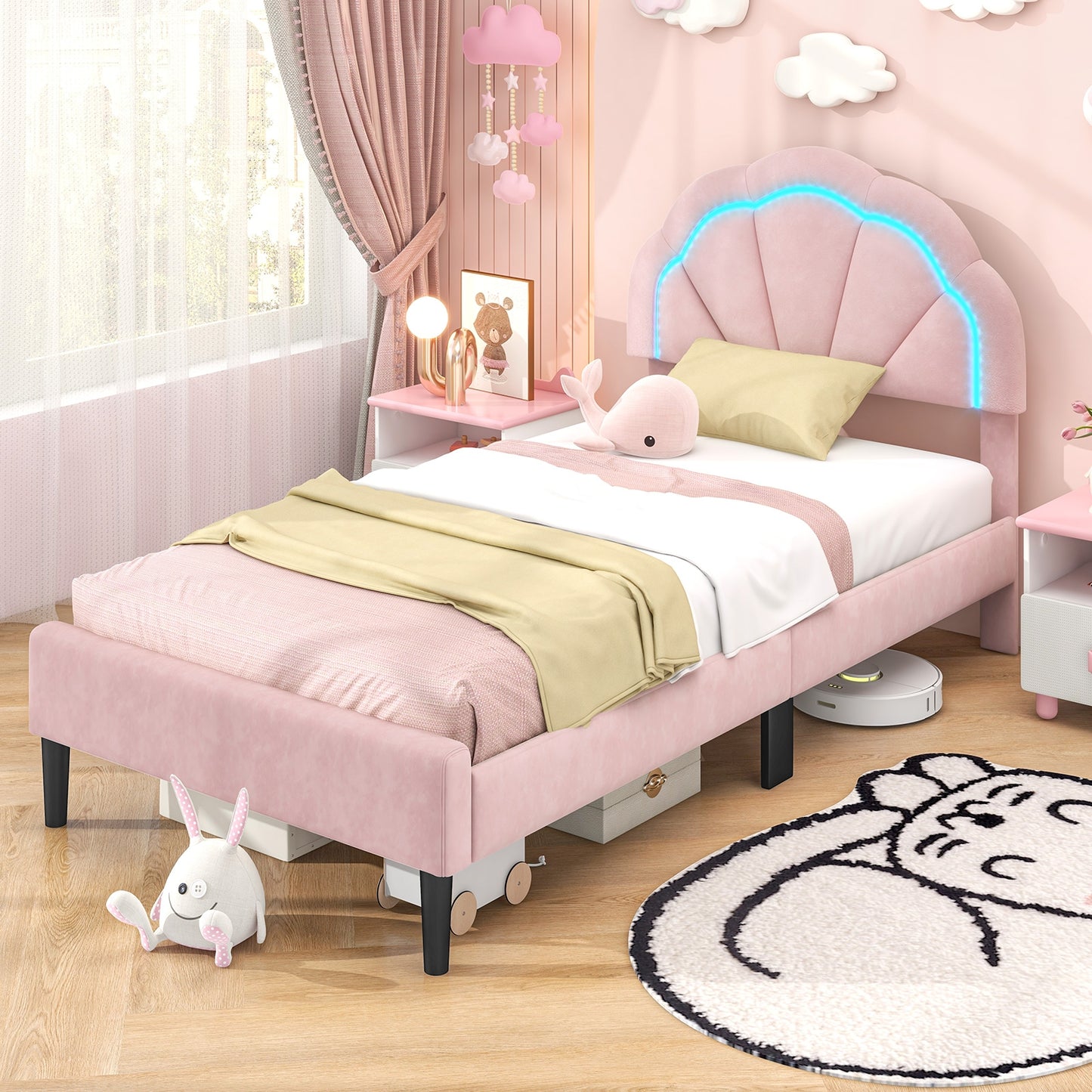 Upholstered LED Bed Frame with Adjustable Flower Headboard and Metal Support Feet Pink-Twin Size Kids Crystal