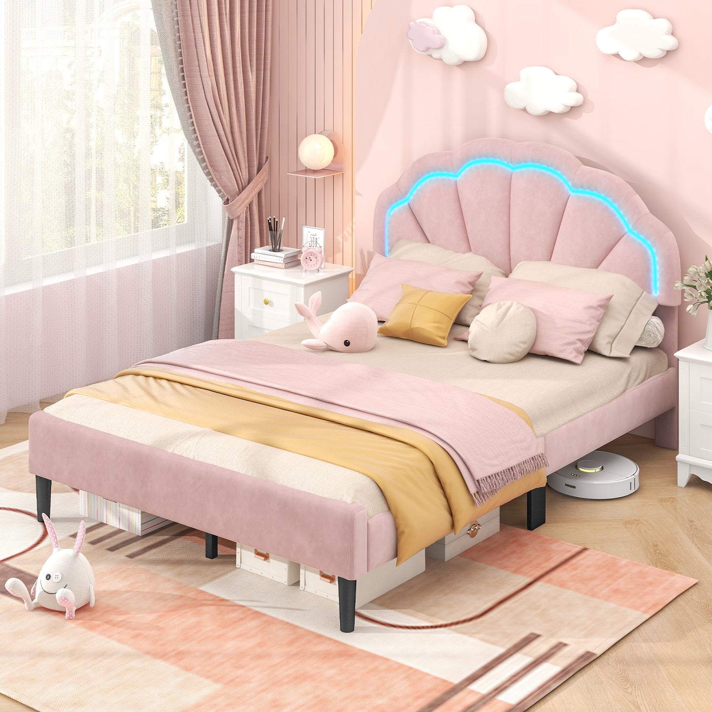 Upholstered LED Bed Frame with Adjustable Flower Headboard and Metal Support Feet Pink-Full Size Kids Crystal