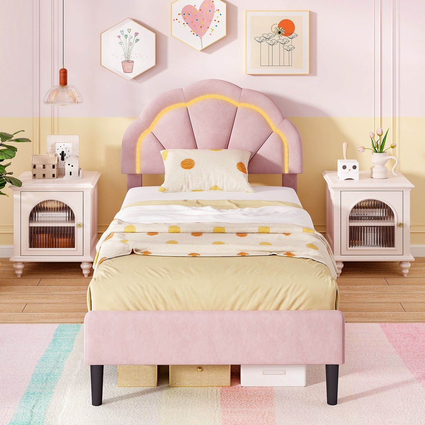 Upholstered LED Bed Frame with Adjustable Flower Headboard and Metal Support Feet Pink-Twin Size Kids Crystal