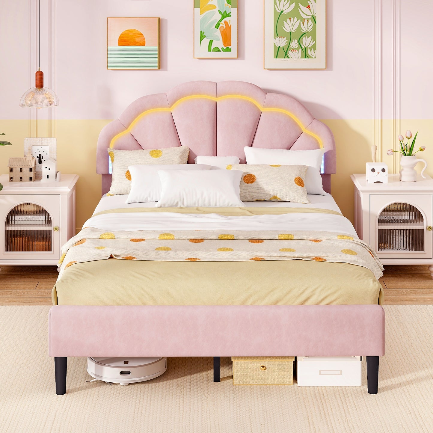 Upholstered LED Bed Frame with Adjustable Flower Headboard and Metal Support Feet Pink-Full Size Kids Crystal