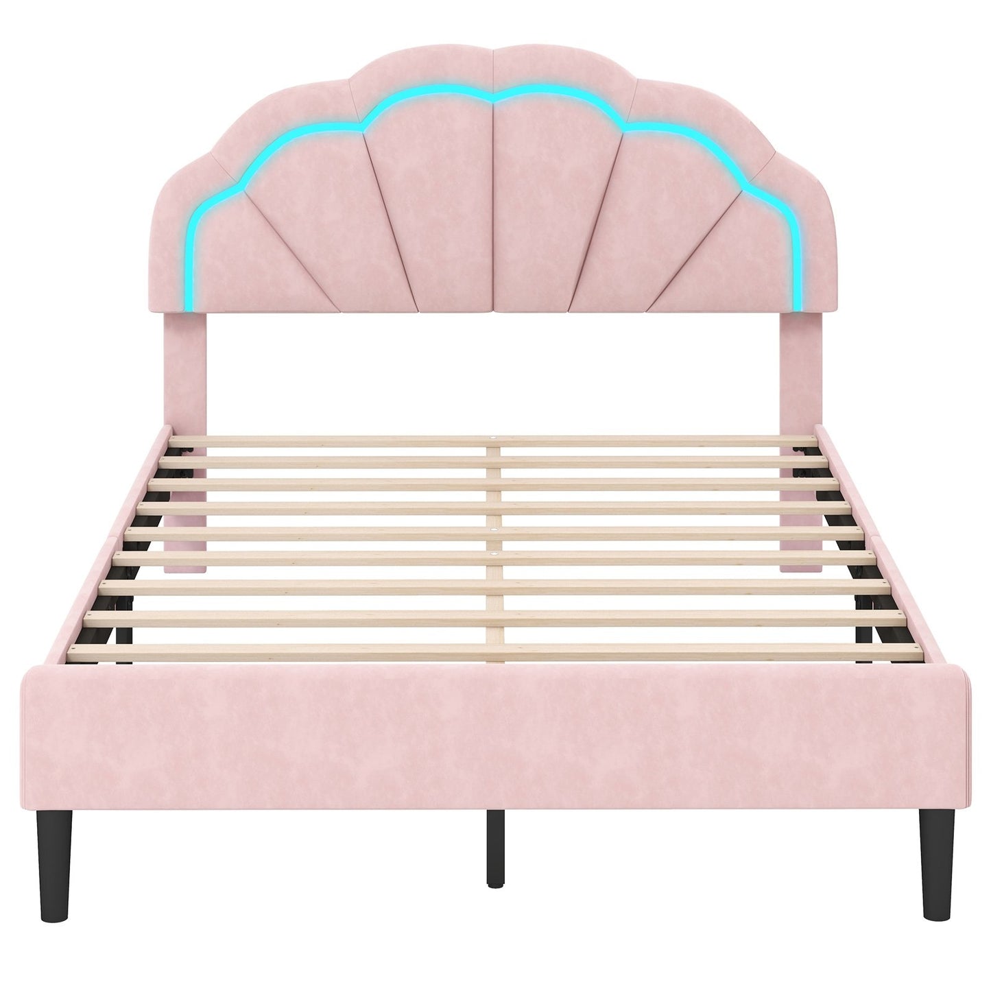 Upholstered LED Bed Frame with Adjustable Flower Headboard and Metal Support Feet Pink-Full Size Kids Crystal