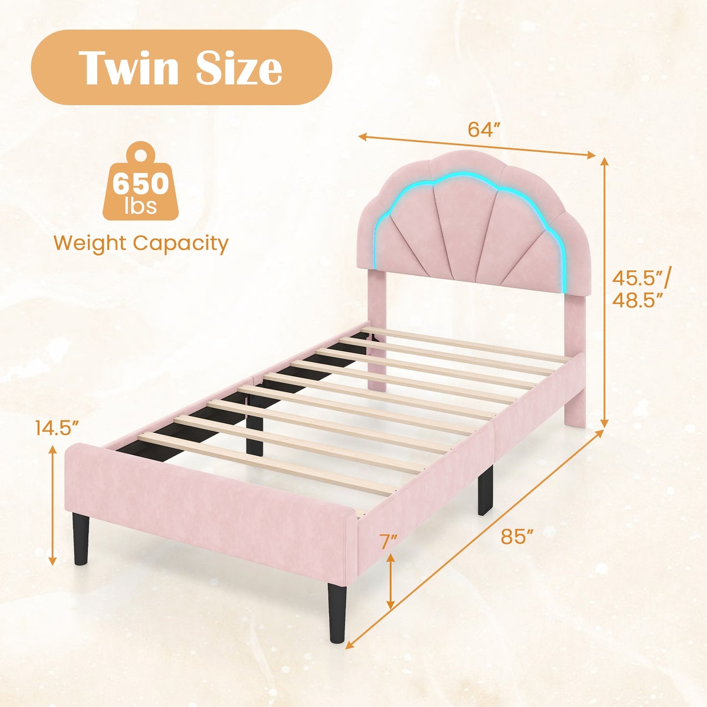 Upholstered LED Bed Frame with Adjustable Flower Headboard and Metal Support Feet Pink-Twin Size Kids Crystal