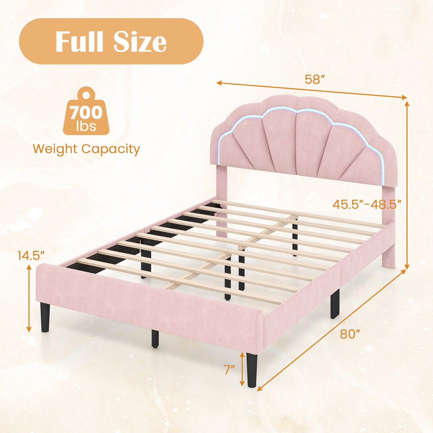 Upholstered LED Bed Frame with Adjustable Flower Headboard and Metal Support Feet Pink-Full Size Kids Crystal