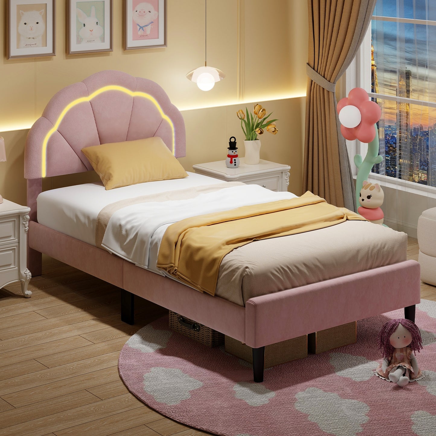Upholstered LED Bed Frame with Adjustable Flower Headboard and Metal Support Feet Pink-Twin Size Kids Crystal