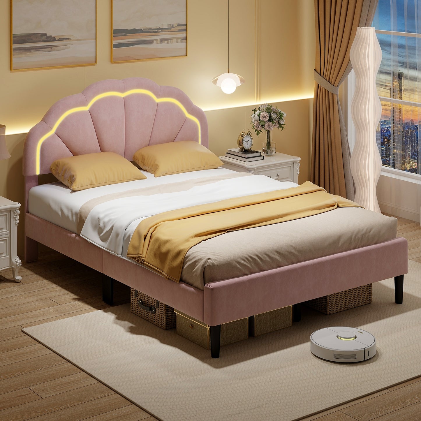 Upholstered LED Bed Frame with Adjustable Flower Headboard and Metal Support Feet Pink-Full Size Kids Crystal
