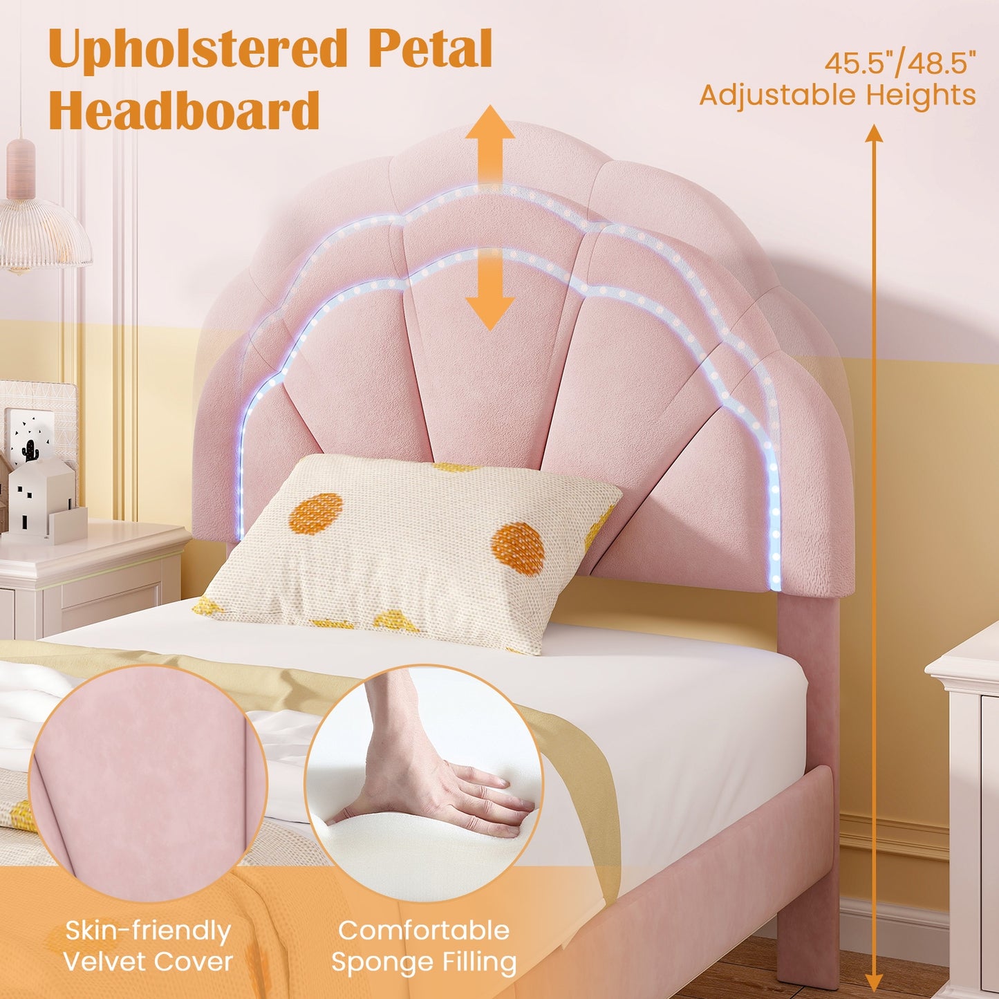 Upholstered LED Bed Frame with Adjustable Flower Headboard and Metal Support Feet Pink-Twin Size Kids Crystal