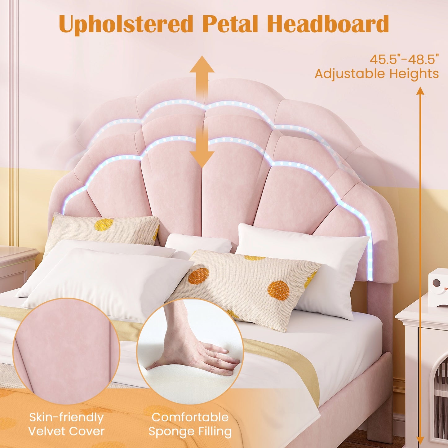 Upholstered LED Bed Frame with Adjustable Flower Headboard and Metal Support Feet Pink-Full Size Kids Crystal