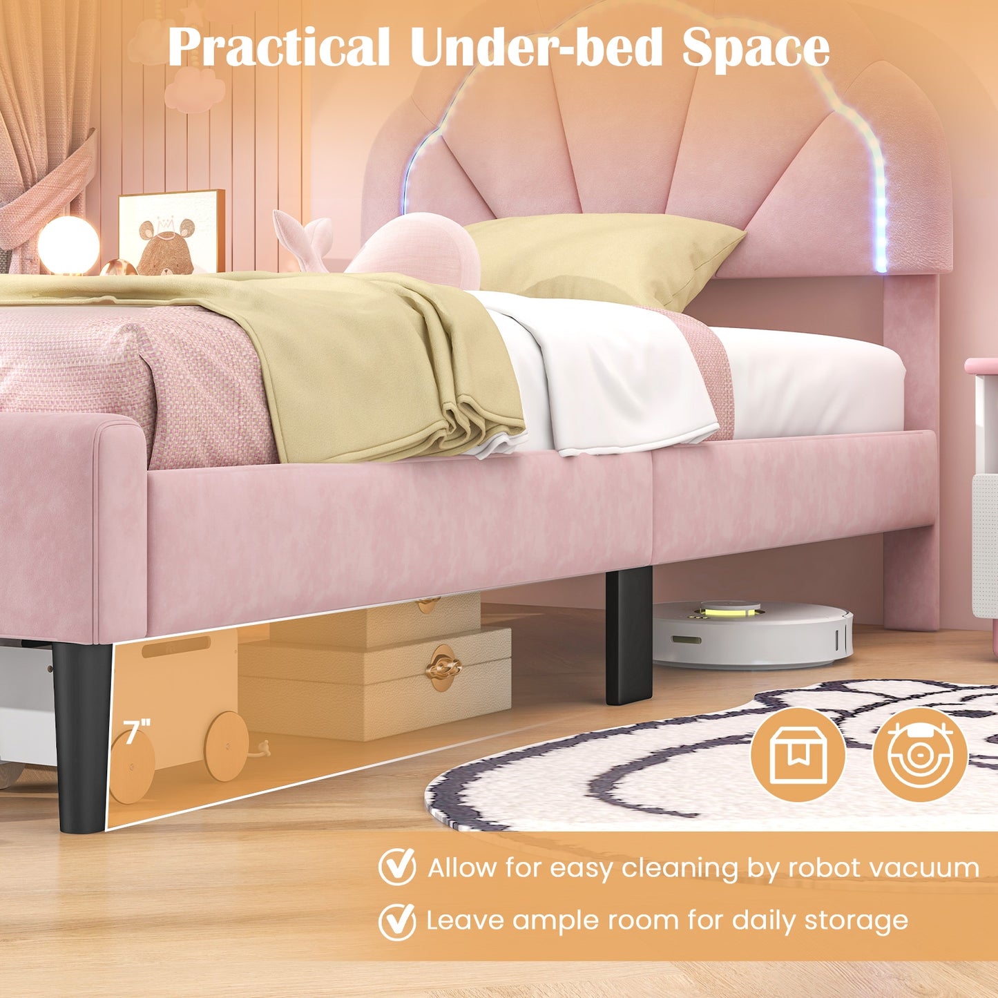 Upholstered LED Bed Frame with Adjustable Flower Headboard and Metal Support Feet Pink-Twin Size Kids Crystal