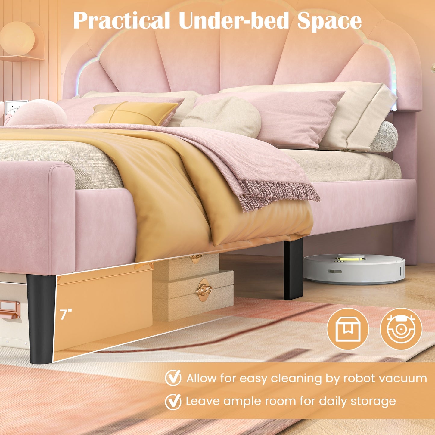 Upholstered LED Bed Frame with Adjustable Flower Headboard and Metal Support Feet Pink-Full Size Kids Crystal