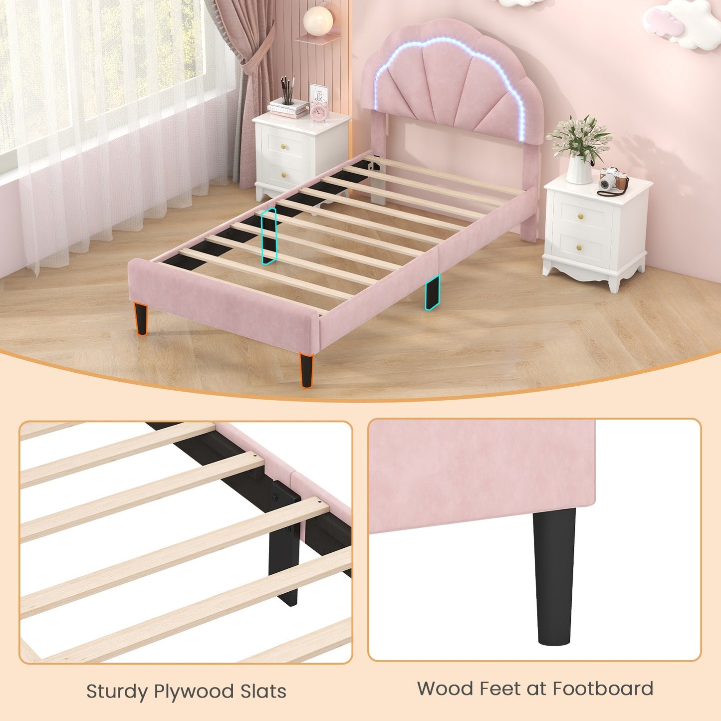 Upholstered LED Bed Frame with Adjustable Flower Headboard and Metal Support Feet Pink-Twin Size Kids Crystal