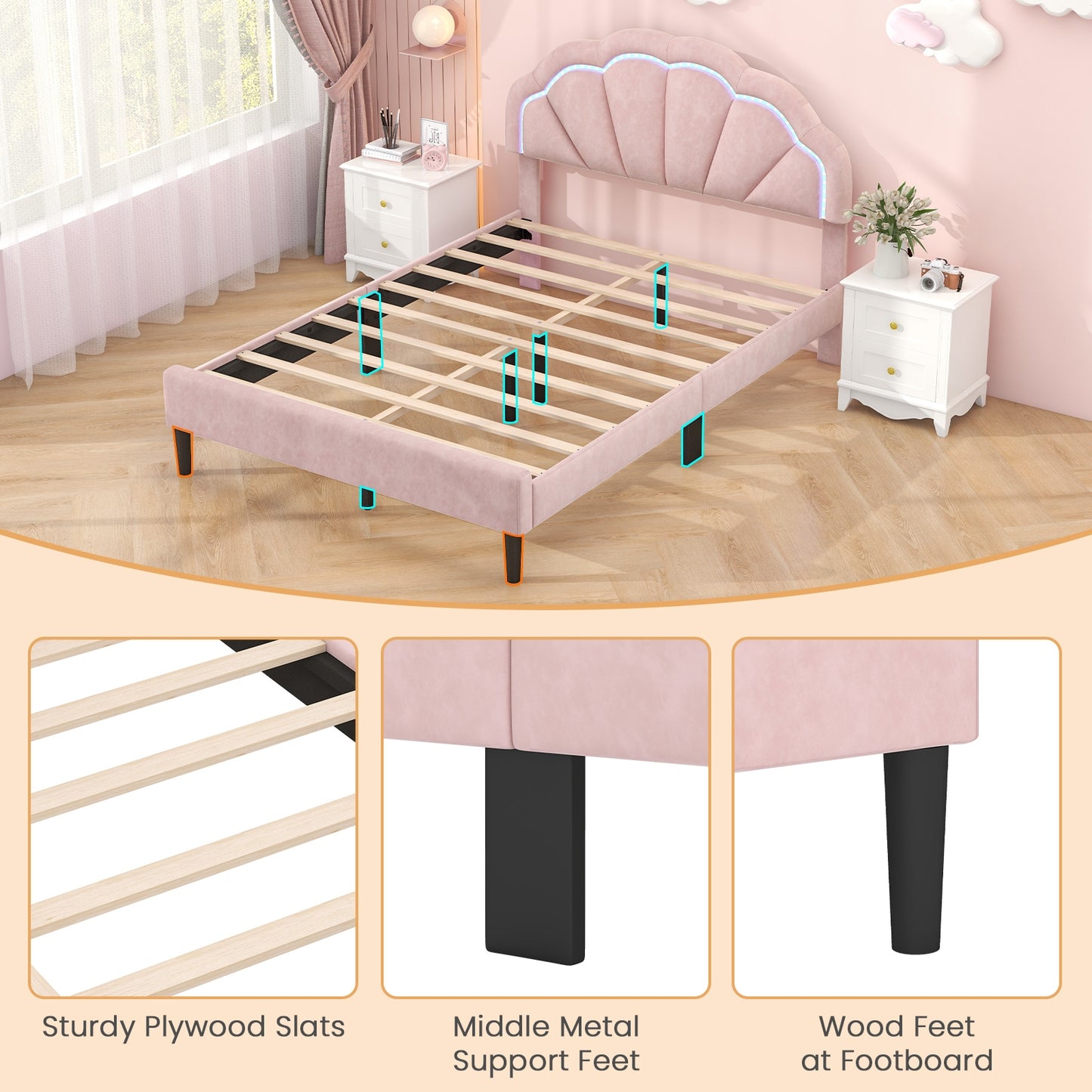 Upholstered LED Bed Frame with Adjustable Flower Headboard and Metal Support Feet Pink-Full Size Kids Crystal