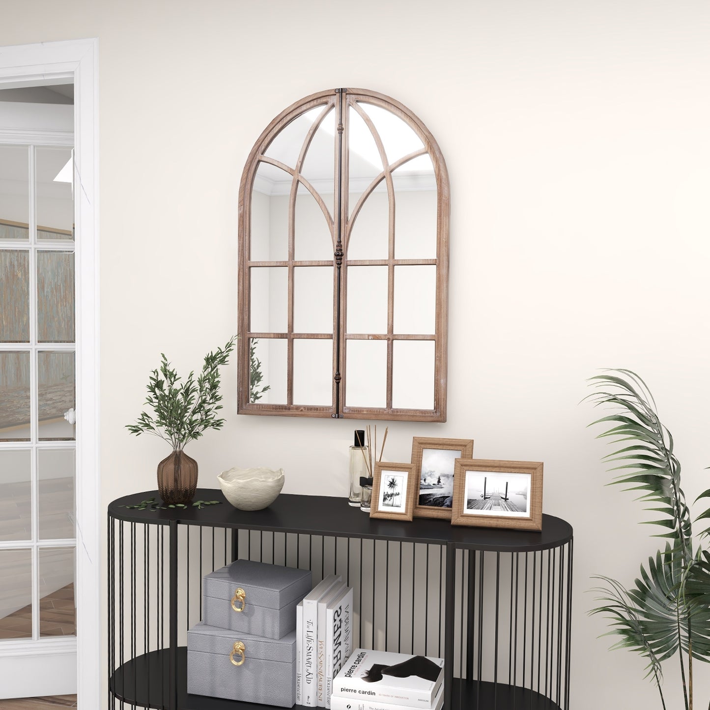 Arched Window Pane Mirror Wall Mounted for Living Room and Entryway-Natural Kids Crystal