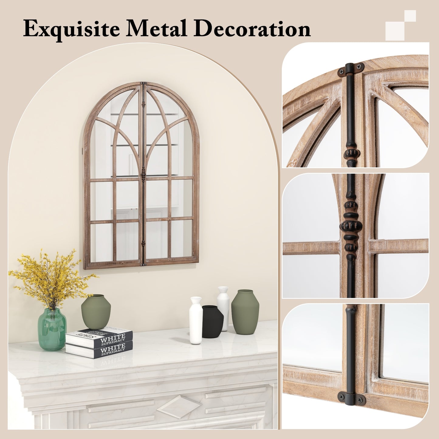 Arched Window Pane Mirror Wall Mounted for Living Room and Entryway-Natural Kids Crystal