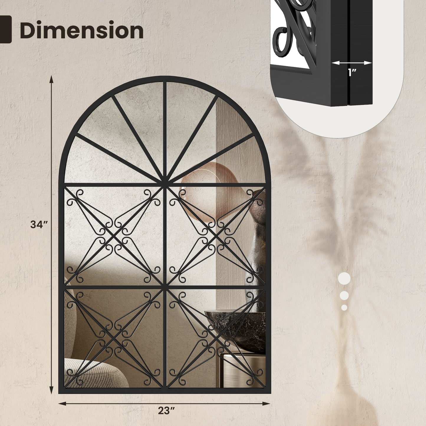 23 Inches x 34 Inches Arched Window Pane Mirror with Metal Frame for Living Room-Black Kids Crystal