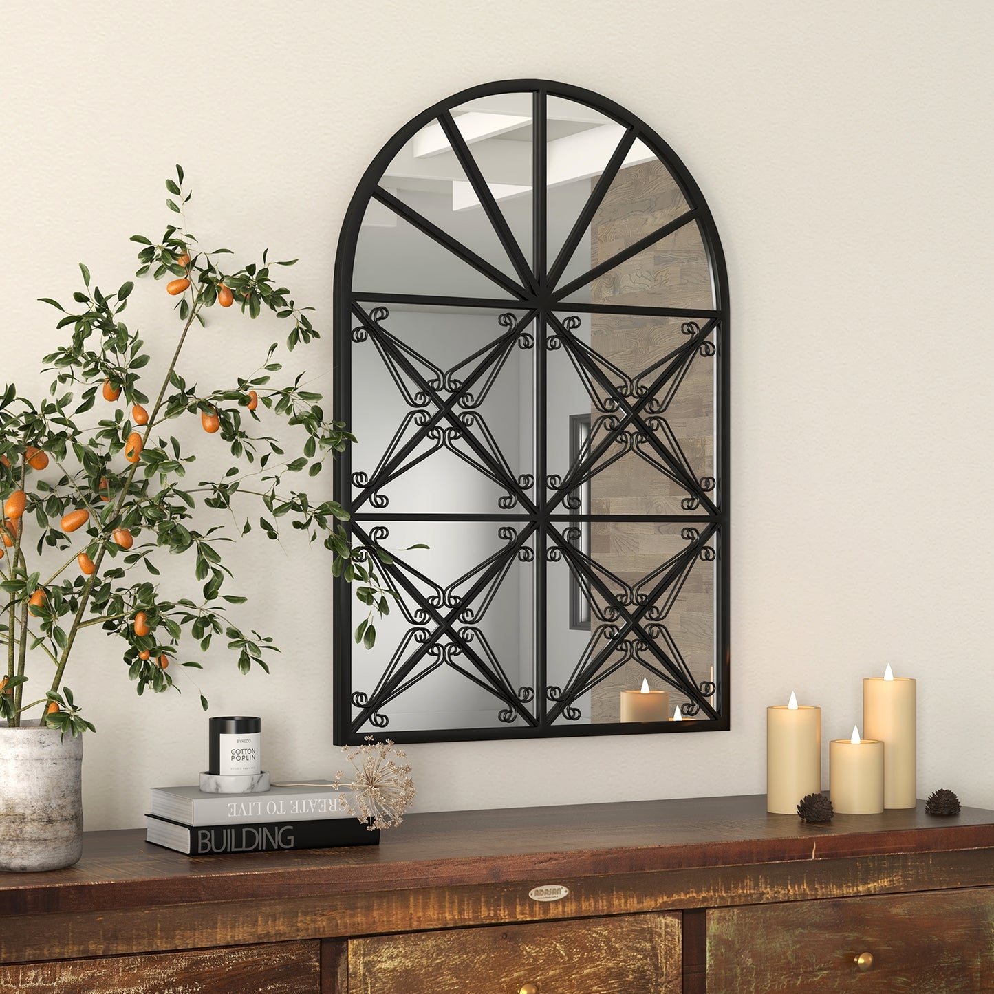 23 Inches x 34 Inches Arched Window Pane Mirror with Metal Frame for Living Room-Black Kids Crystal