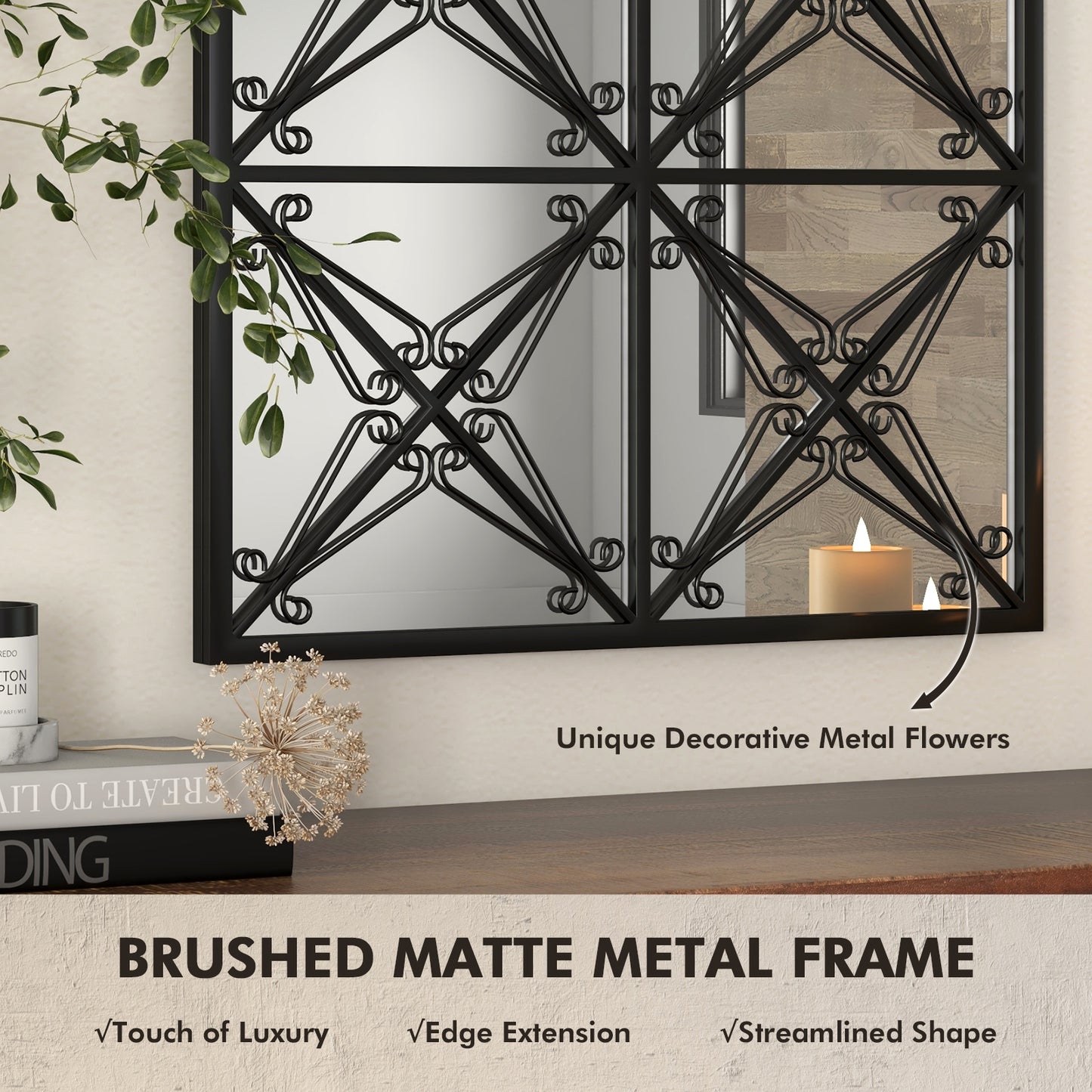 23 Inches x 34 Inches Arched Window Pane Mirror with Metal Frame for Living Room-Black Kids Crystal