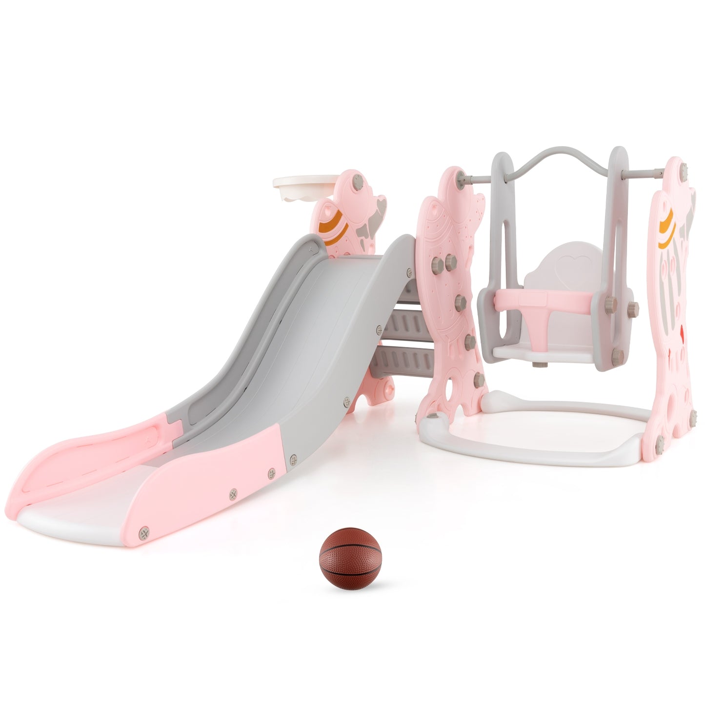 4-in-1 Kids Slide and Swing Set with Basketball Hoop-Pink Kids Crystal