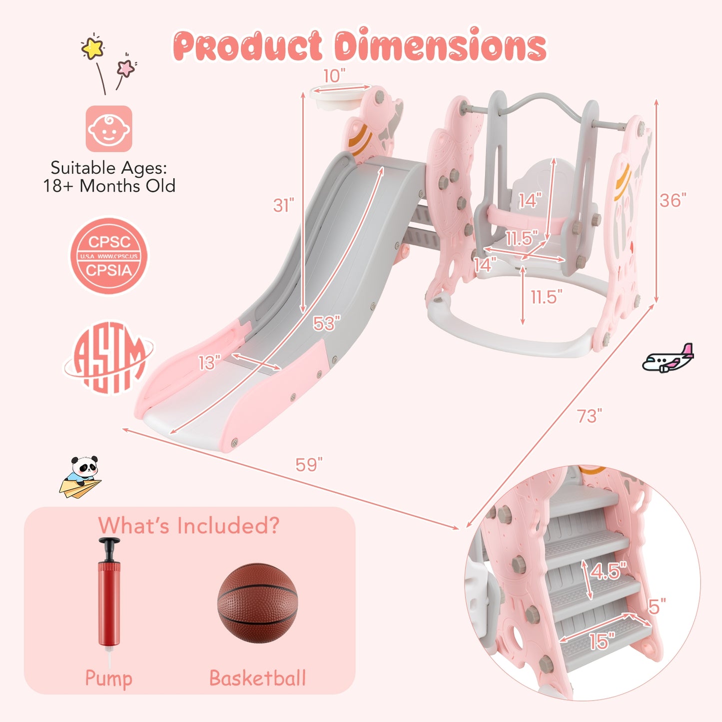 4-in-1 Kids Slide and Swing Set with Basketball Hoop-Pink Kids Crystal
