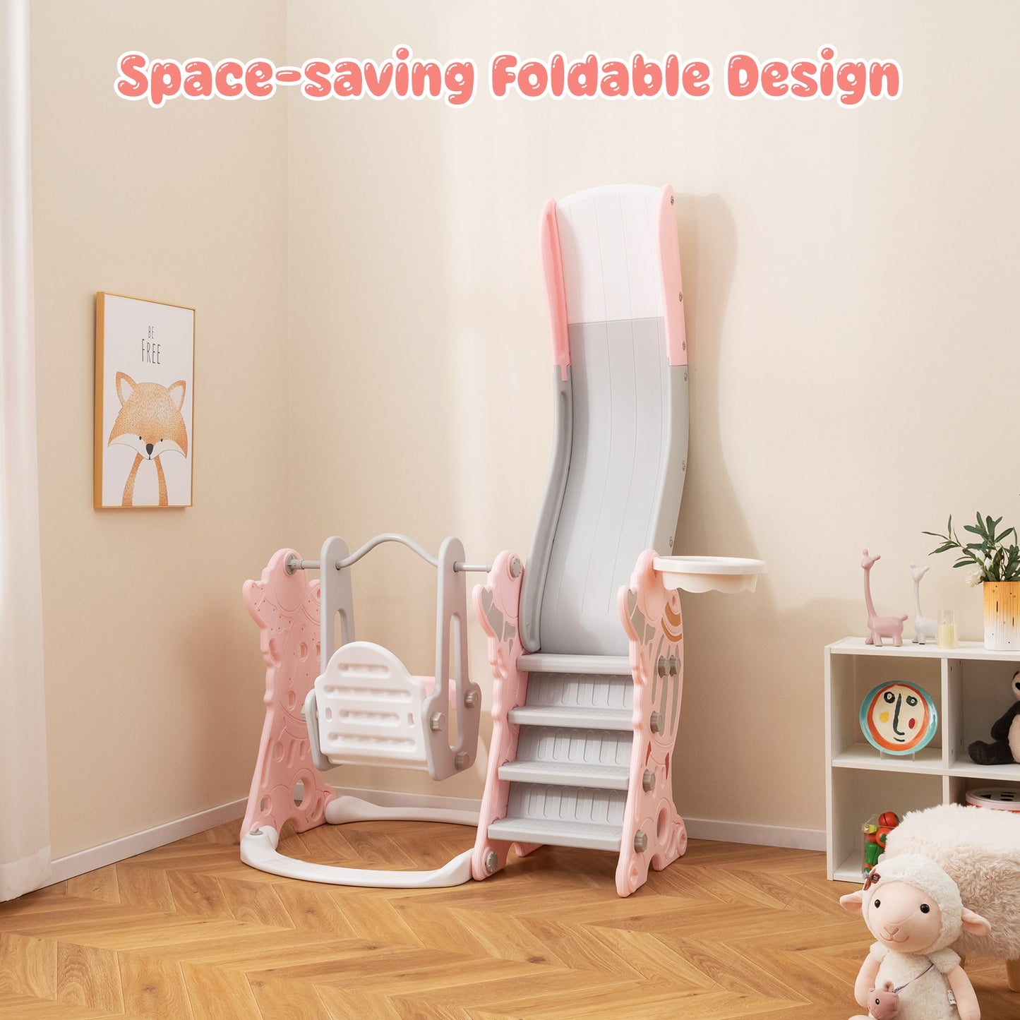 4-in-1 Kids Slide and Swing Set with Basketball Hoop-Pink Kids Crystal