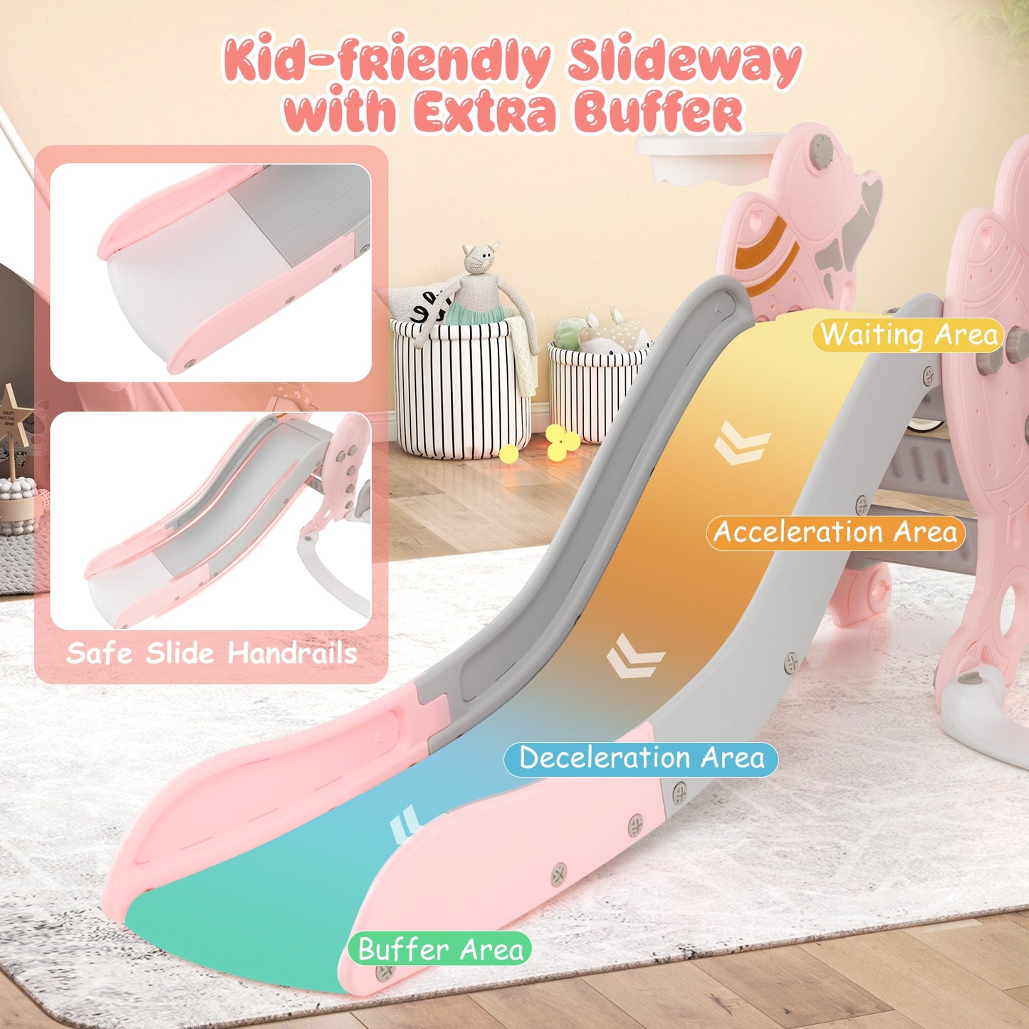 4-in-1 Kids Slide and Swing Set with Basketball Hoop-Pink Kids Crystal