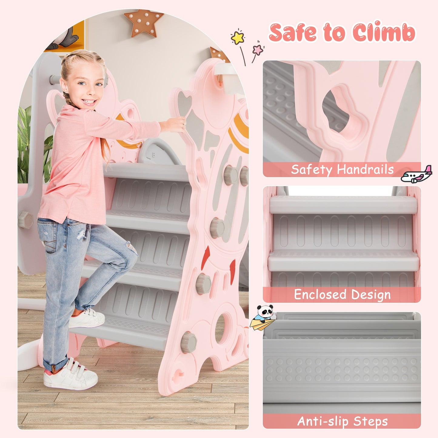 4-in-1 Kids Slide and Swing Set with Basketball Hoop-Pink Kids Crystal