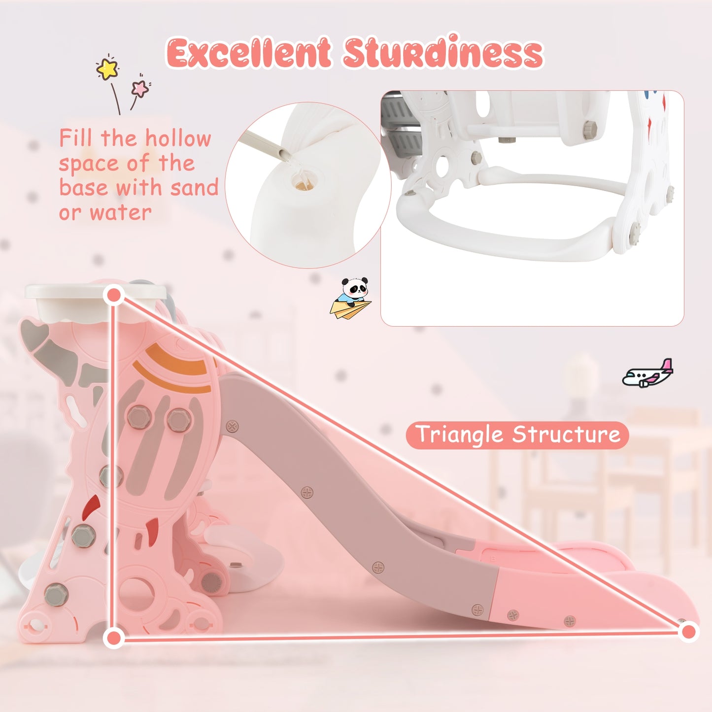4-in-1 Kids Slide and Swing Set with Basketball Hoop-Pink Kids Crystal