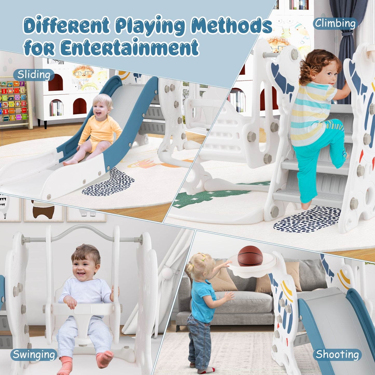 4-in-1 Kids Slide and Swing Set with Basketball Hoop-Blue Kids Crystal