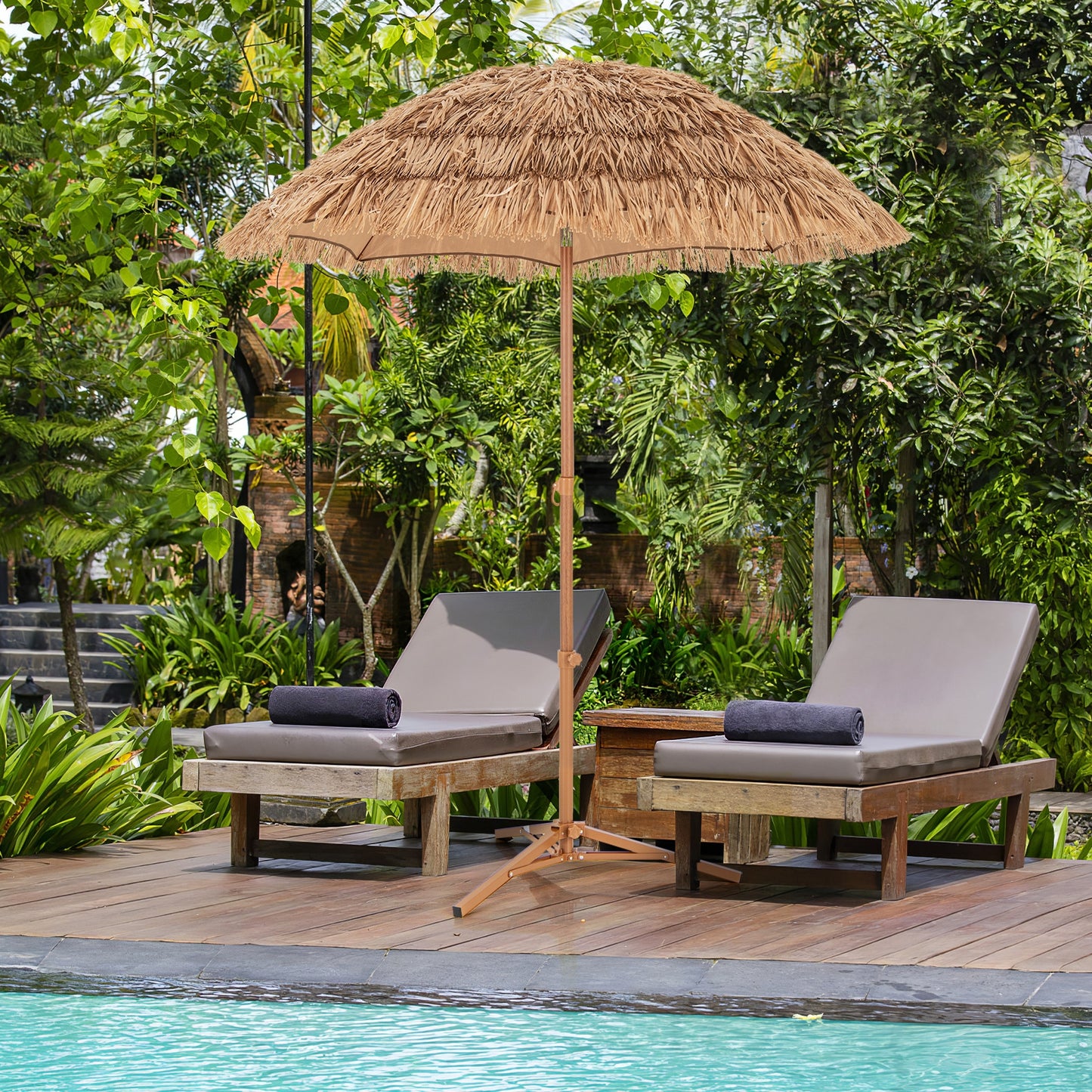 6.5 Feet Thatched Tiki Umbrella with Foldable Stand Push Button Tilt-Natural Kids Crystal