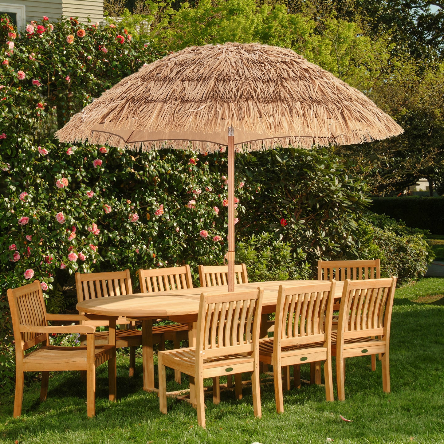 6.5 Feet Thatched Tiki Umbrella with Foldable Stand Push Button Tilt-Natural Kids Crystal