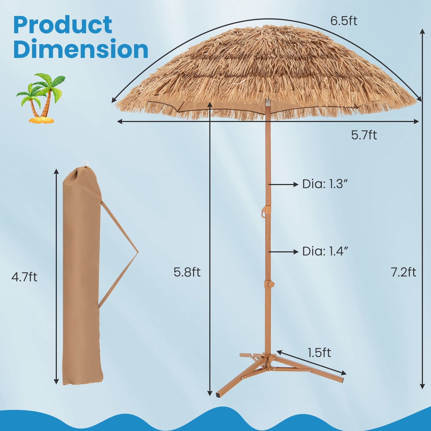 6.5 Feet Thatched Tiki Umbrella with Foldable Stand Push Button Tilt-Natural Kids Crystal