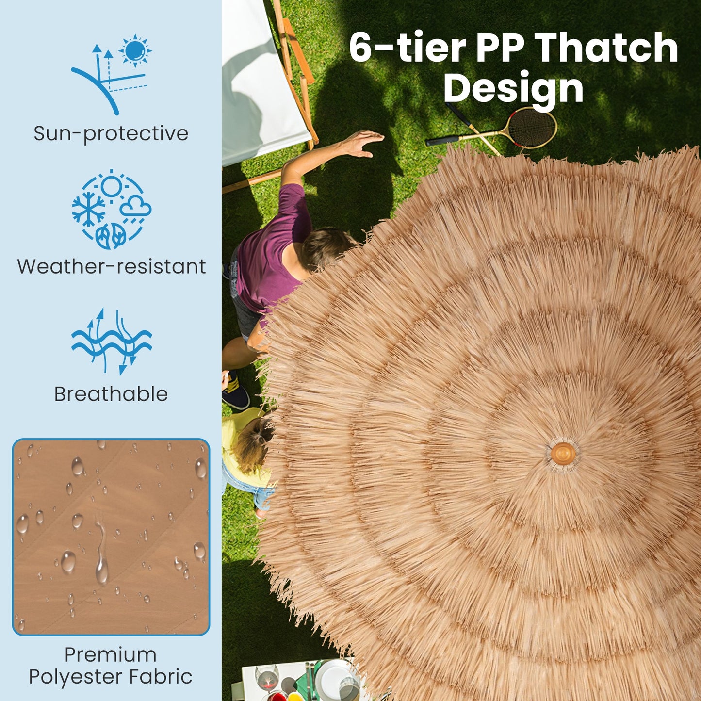 6.5 Feet Thatched Tiki Umbrella with Foldable Stand Push Button Tilt-Natural Kids Crystal