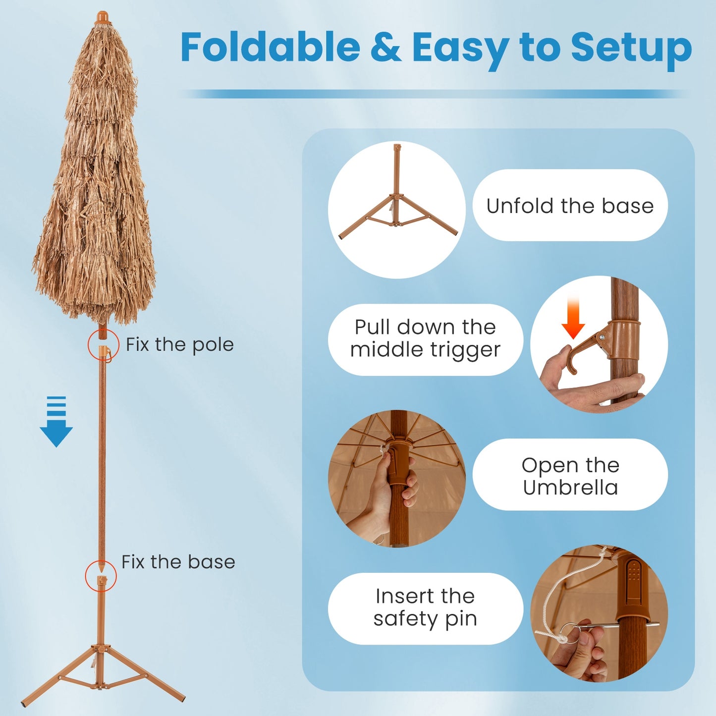 6.5 Feet Thatched Tiki Umbrella with Foldable Stand Push Button Tilt-Natural Kids Crystal