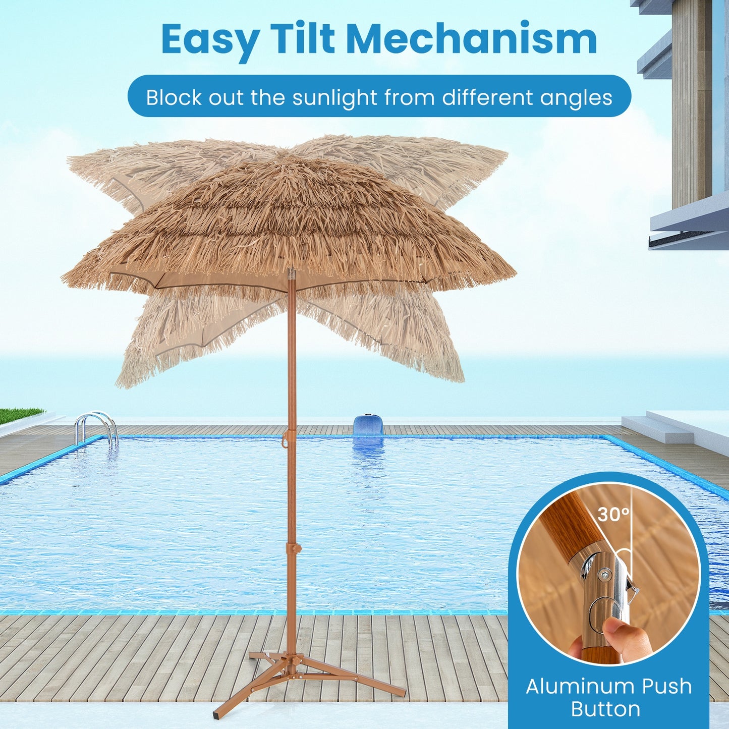 6.5 Feet Thatched Tiki Umbrella with Foldable Stand Push Button Tilt-Natural Kids Crystal