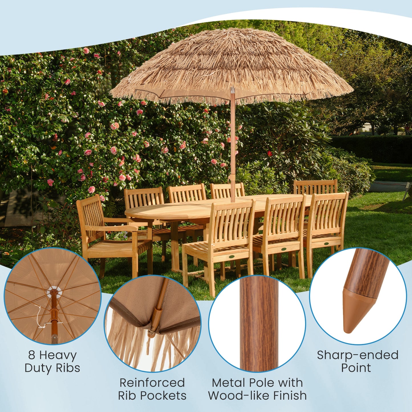 6.5 Feet Thatched Tiki Umbrella with Foldable Stand Push Button Tilt-Natural Kids Crystal