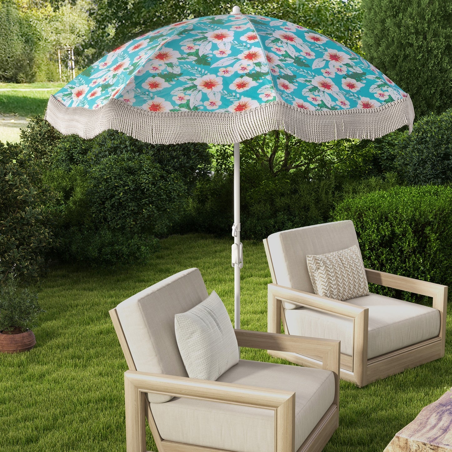 6.5 FT Beach Umbrella with Fringe Outdoor Tassel Umbrella with Push Button Tilt-Green Kids Crystal