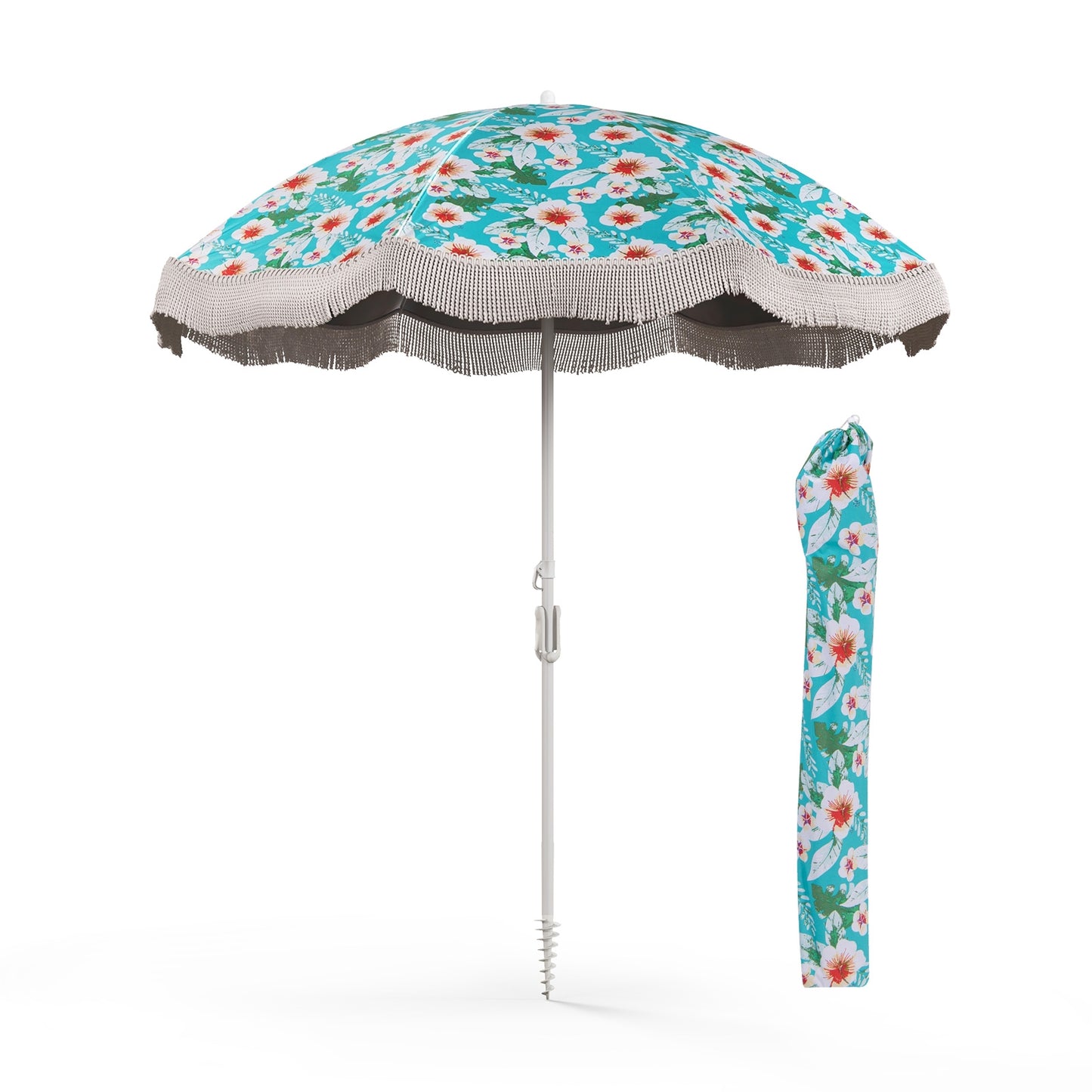 6.5 FT Beach Umbrella with Fringe Outdoor Tassel Umbrella with Push Button Tilt-Green Kids Crystal
