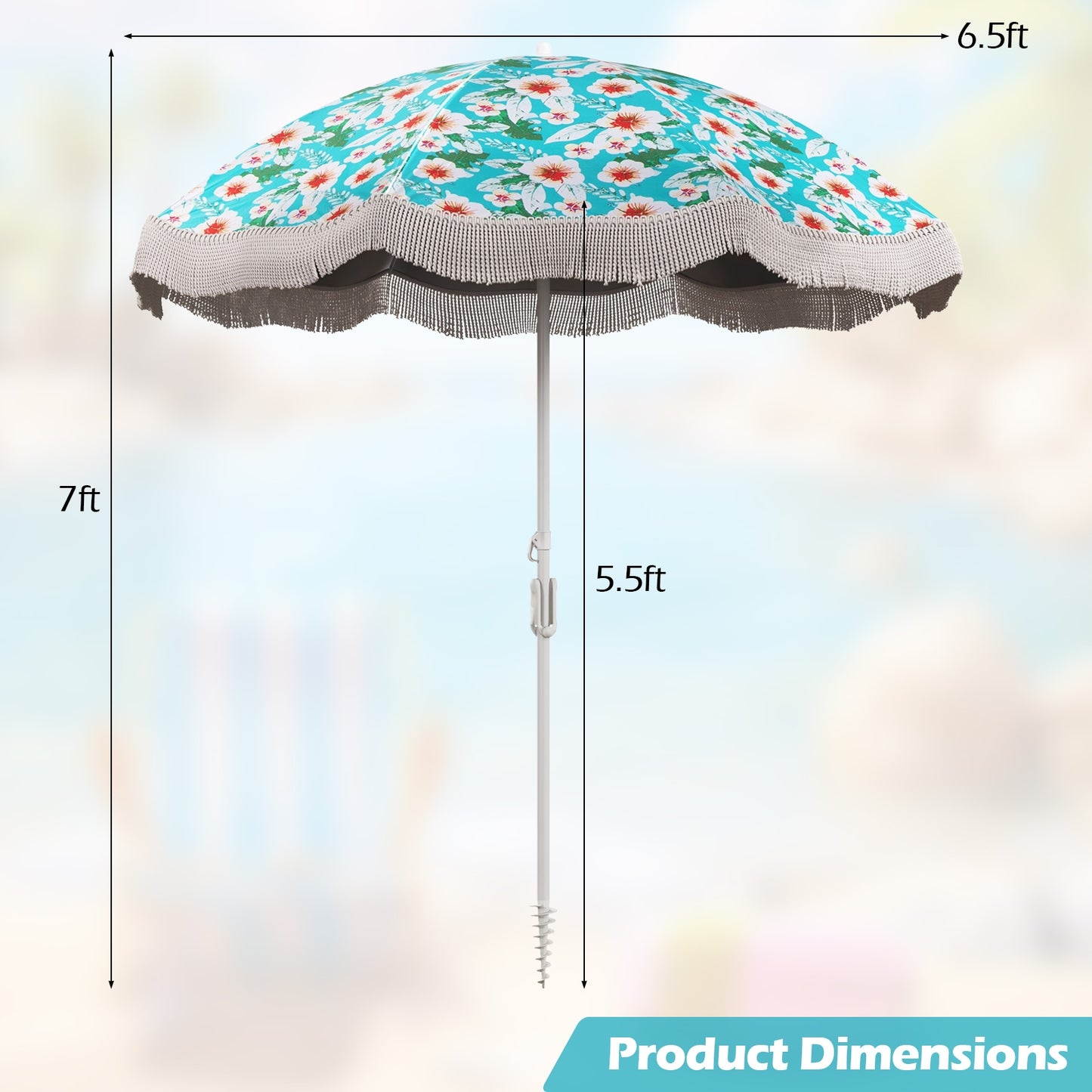 6.5 FT Beach Umbrella with Fringe Outdoor Tassel Umbrella with Push Button Tilt-Green Kids Crystal