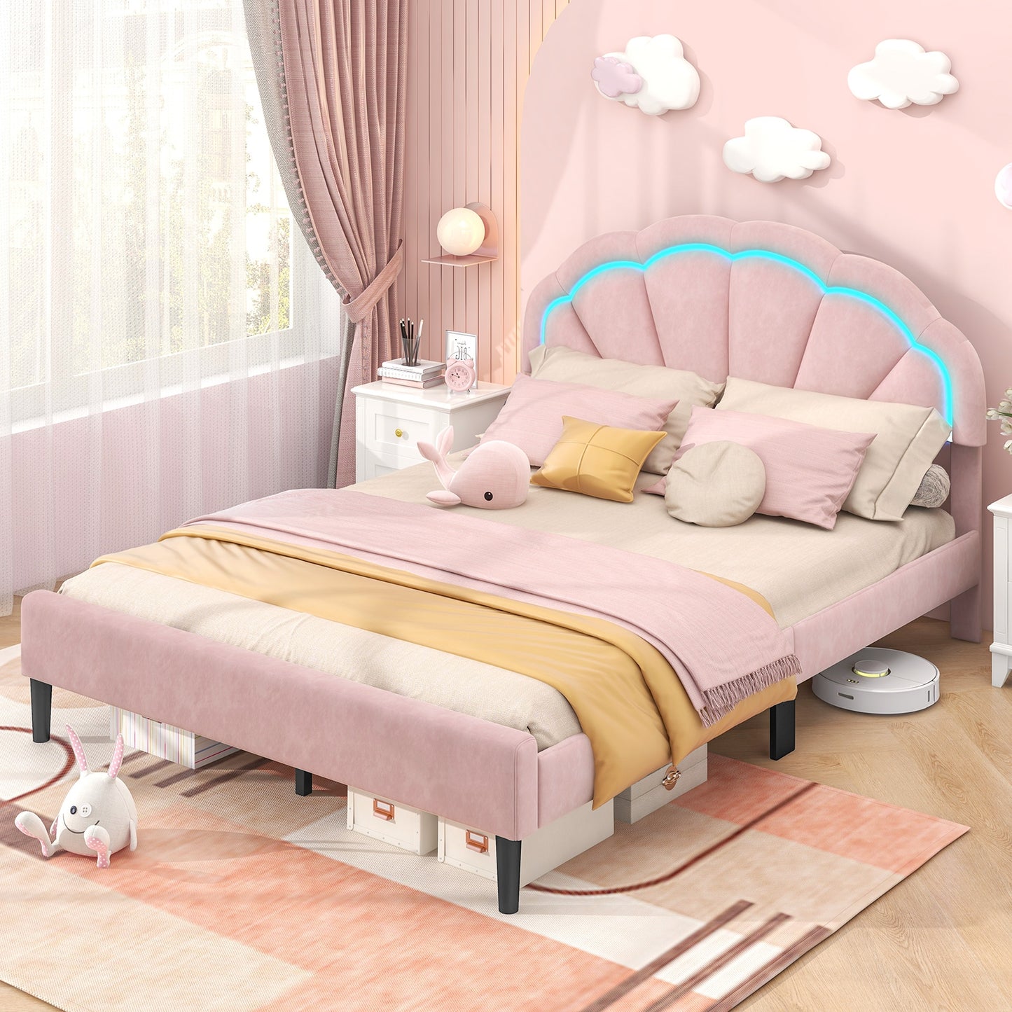 Upholstered LED Bed Frame with Adjustable Flower Headboard and Metal Support Feet Pink-Queen Size Kids Crystal