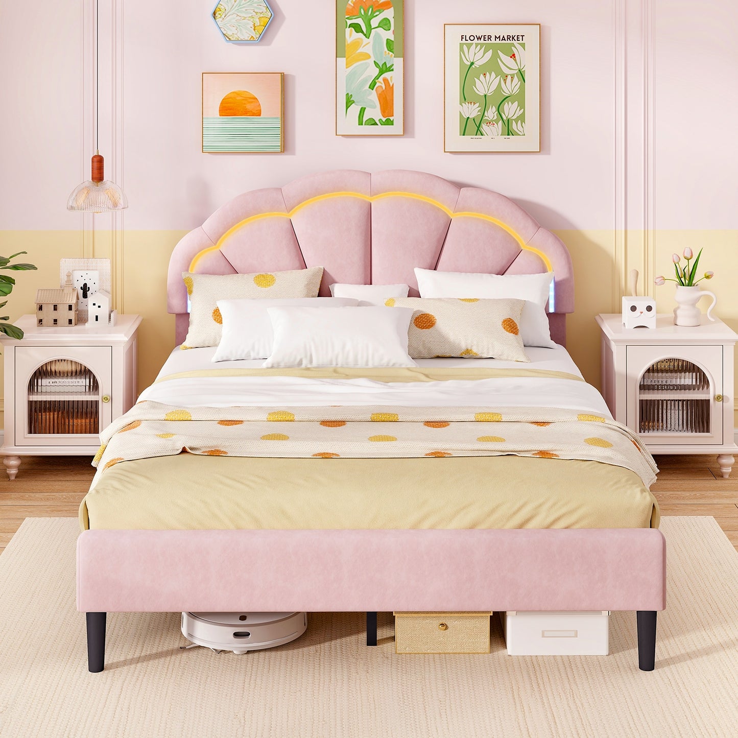 Upholstered LED Bed Frame with Adjustable Flower Headboard and Metal Support Feet Pink-Queen Size Kids Crystal