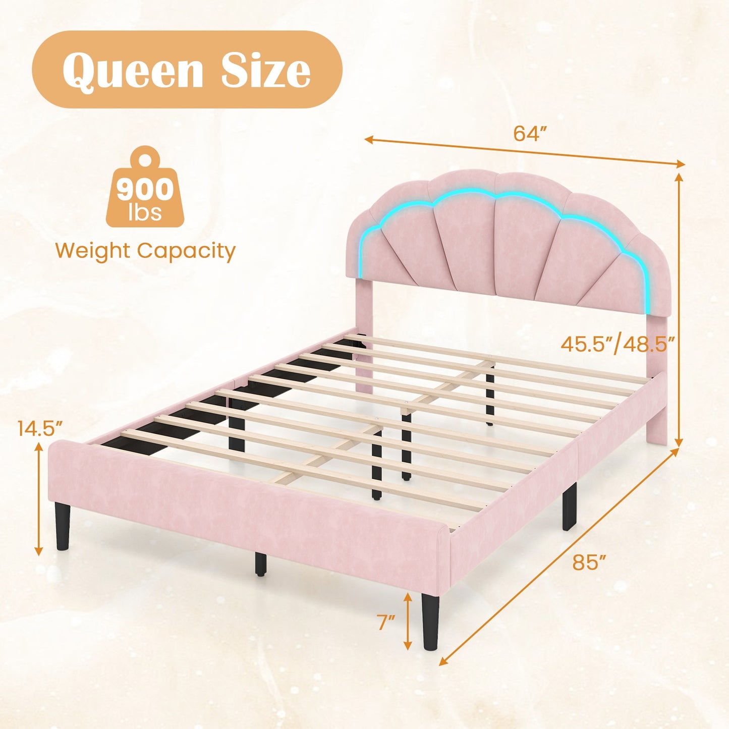 Upholstered LED Bed Frame with Adjustable Flower Headboard and Metal Support Feet Pink-Queen Size Kids Crystal