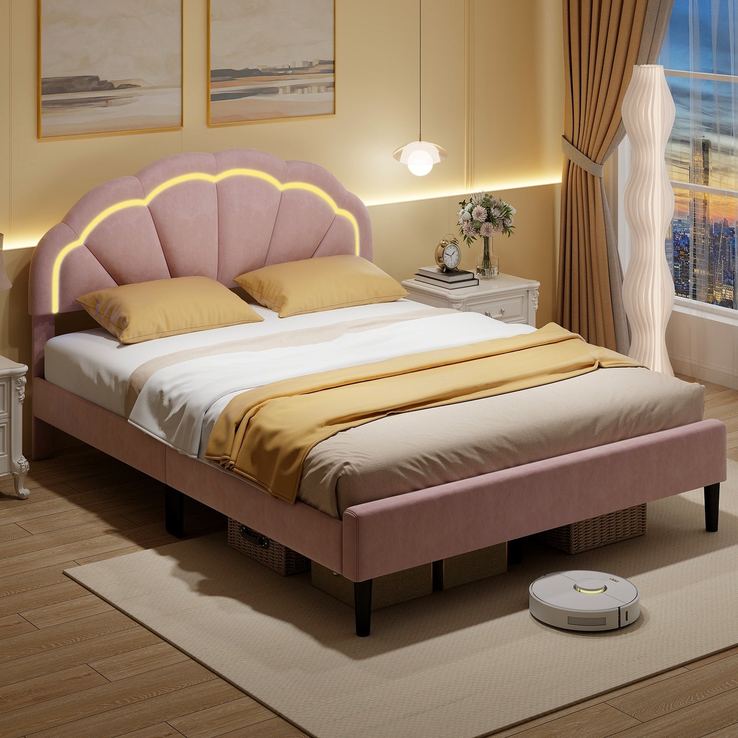 Upholstered LED Bed Frame with Adjustable Flower Headboard and Metal Support Feet Pink-Queen Size Kids Crystal