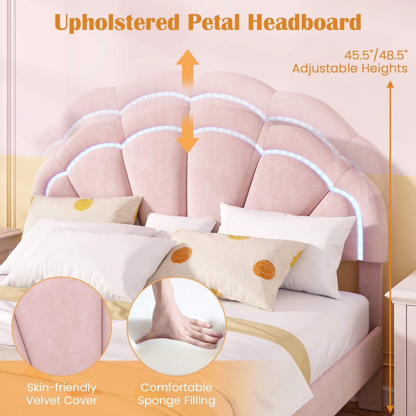 Upholstered LED Bed Frame with Adjustable Flower Headboard and Metal Support Feet Pink-Queen Size Kids Crystal