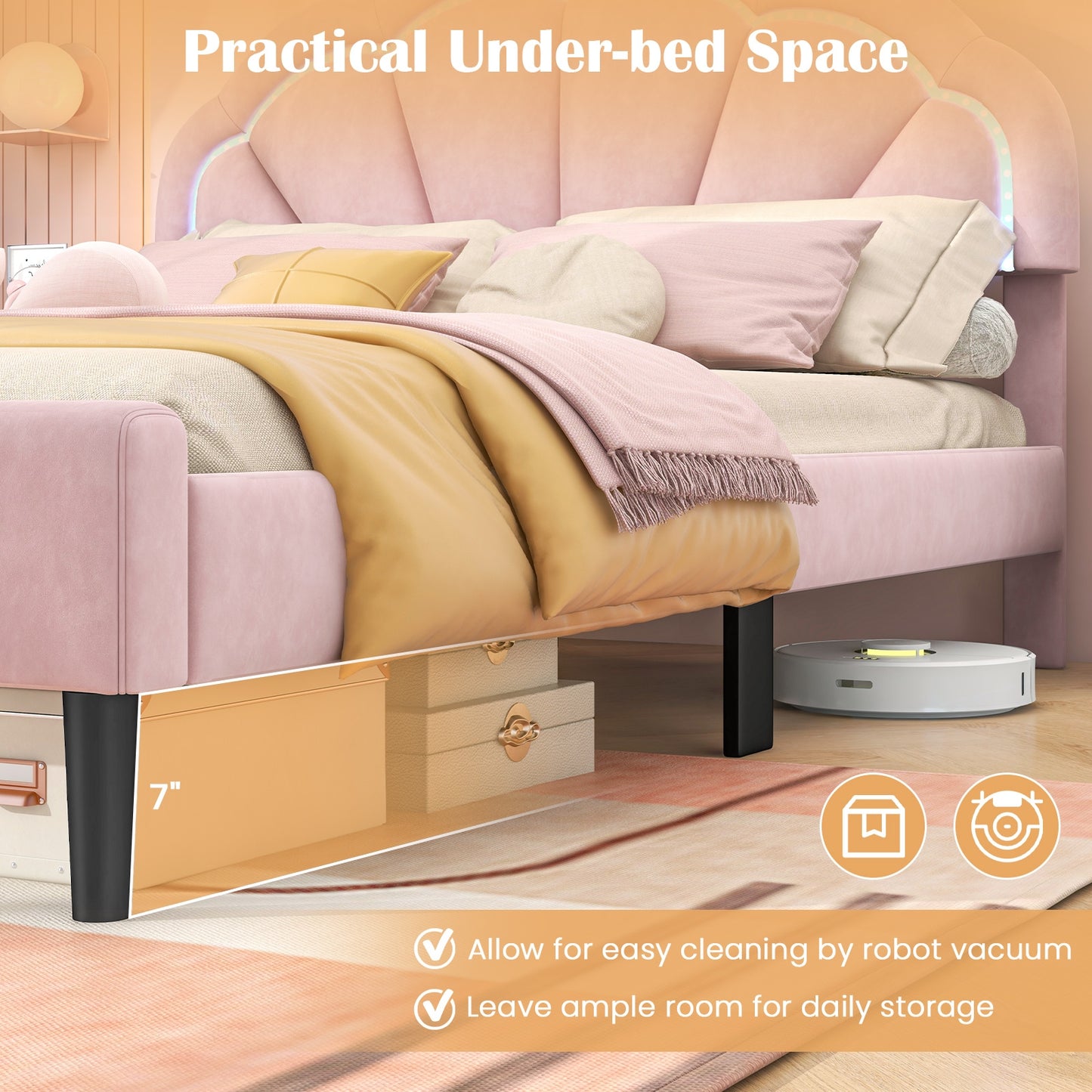 Upholstered LED Bed Frame with Adjustable Flower Headboard and Metal Support Feet Pink-Queen Size Kids Crystal