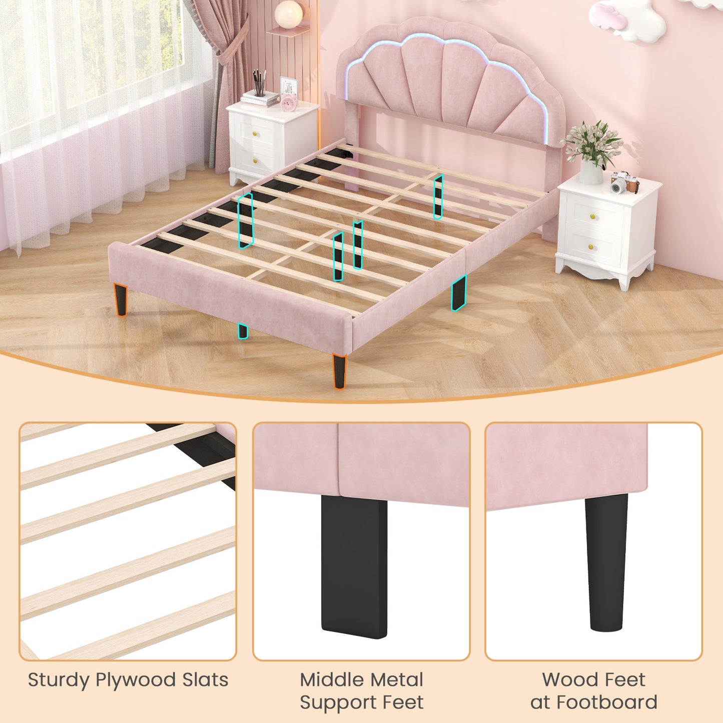 Upholstered LED Bed Frame with Adjustable Flower Headboard and Metal Support Feet Pink-Queen Size Kids Crystal