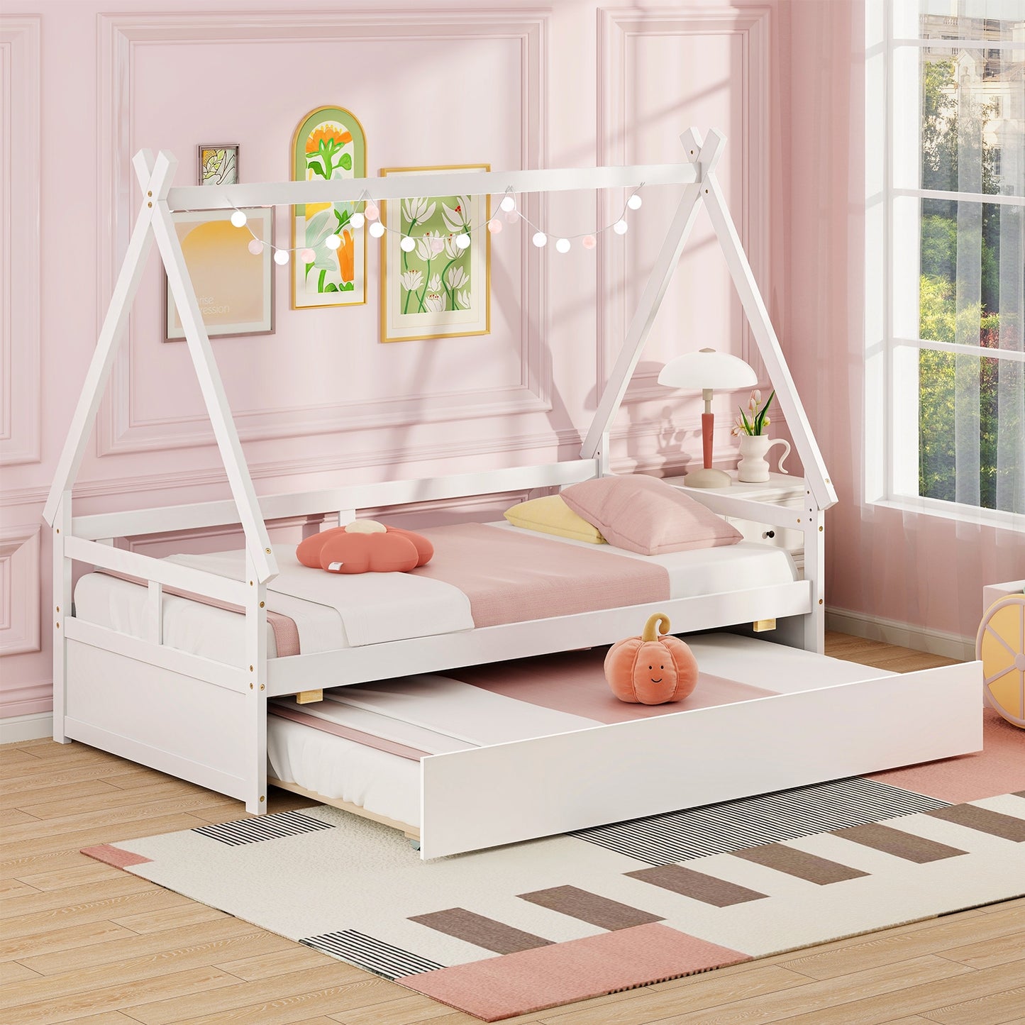Twin Size House Bed with Trundle and Safety Guardrail-White Kids Crystal