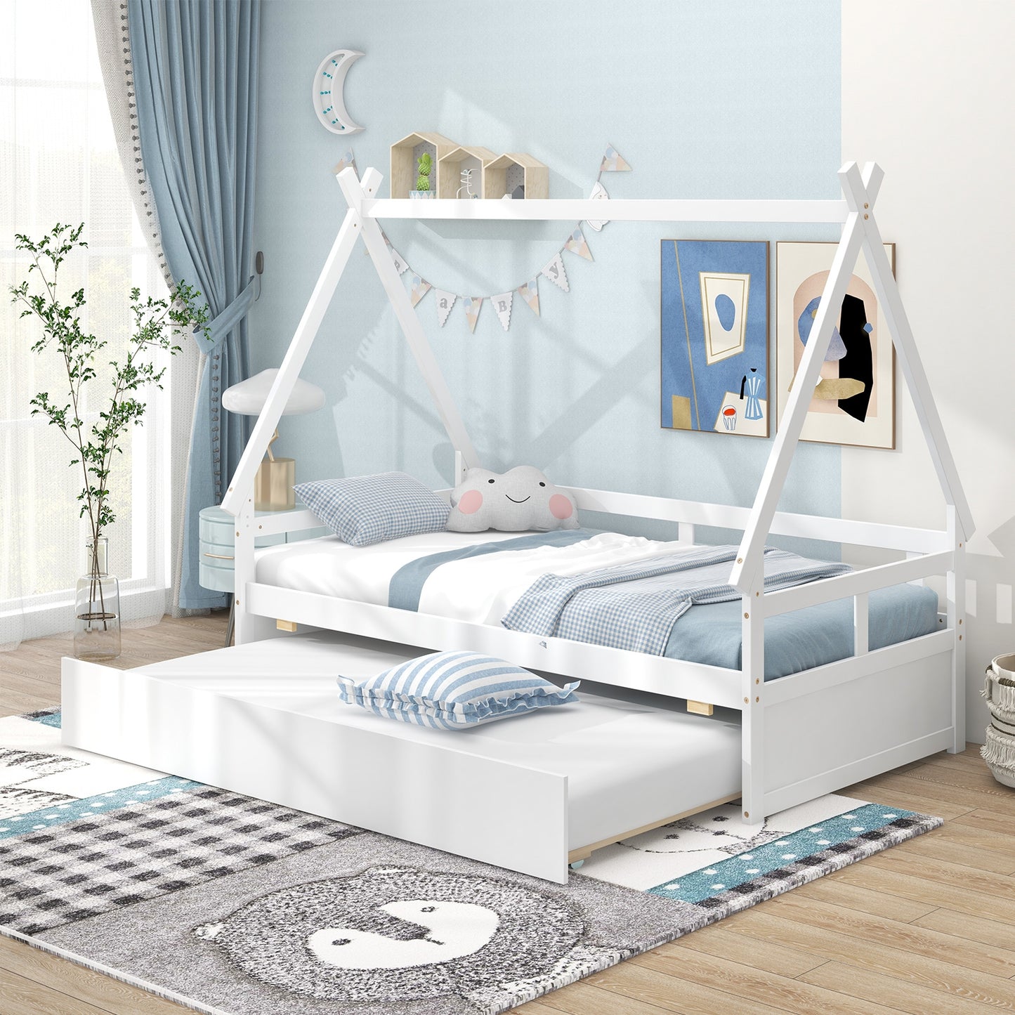 Twin Size House Bed with Trundle and Safety Guardrail-White Kids Crystal