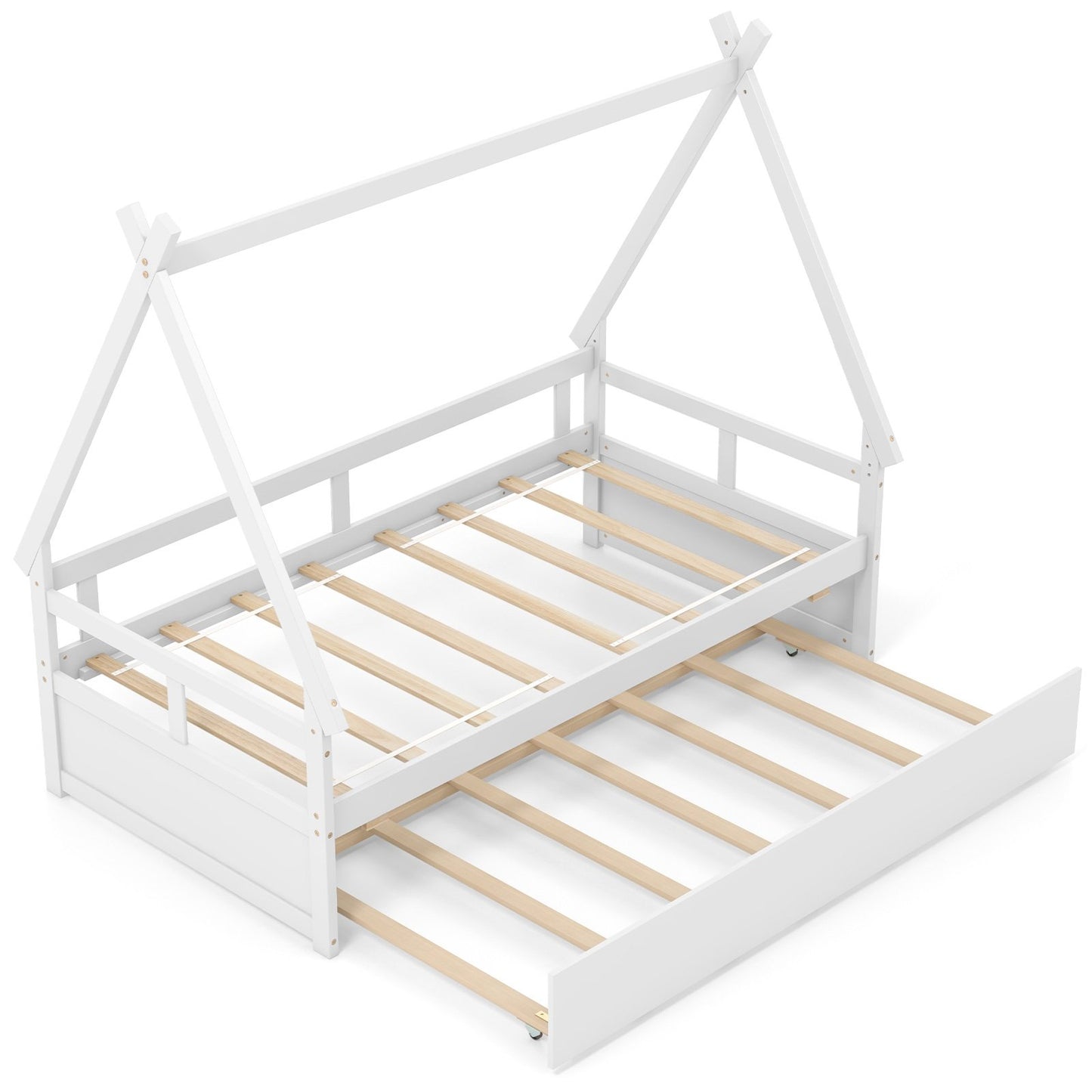 Twin Size House Bed with Trundle and Safety Guardrail-White Kids Crystal