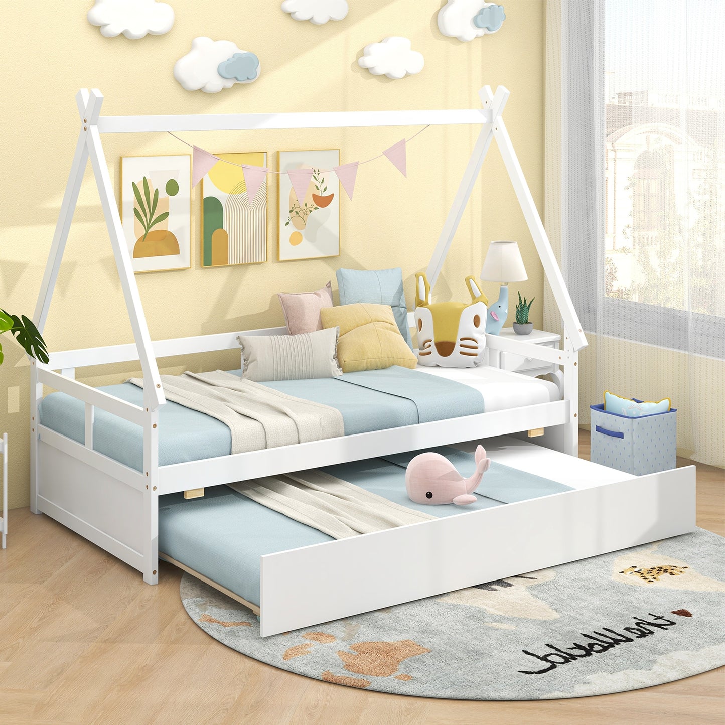 Twin Size House Bed with Trundle and Safety Guardrail-White Kids Crystal